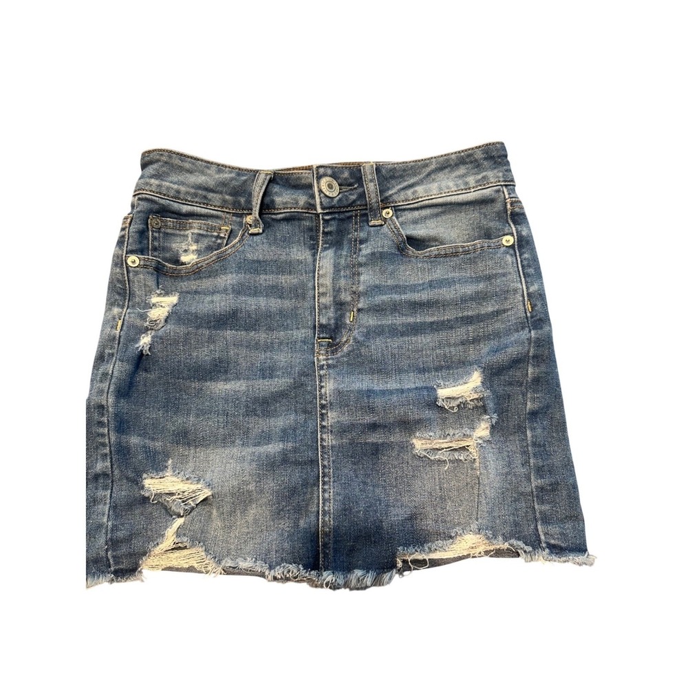 American Eagle Super Stretch Distressed Denim Mini Skirt Blue Womens Size 2 Reg